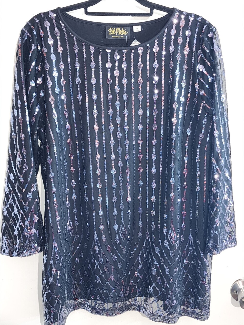 Bob Mackie Black Lined Mesh Tunic with Iridescent Sequin Stripes NWT